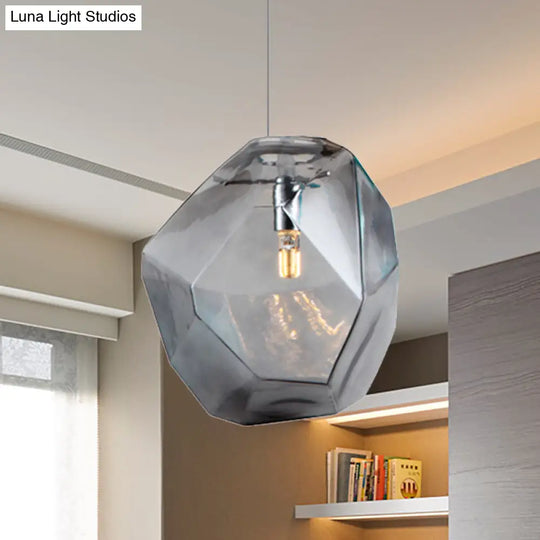 Contemporary Glass Pendant Light - Faceted Grey/Orange/Purple 1-Light Led Hanging Lamp For Dining