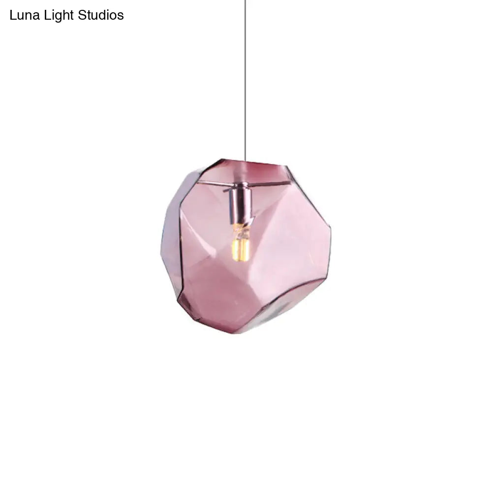 Contemporary 1-Light Glass Pendant Lighting: Faceted Grey/Orange/Purple Led Hanging Lamp Fixture For