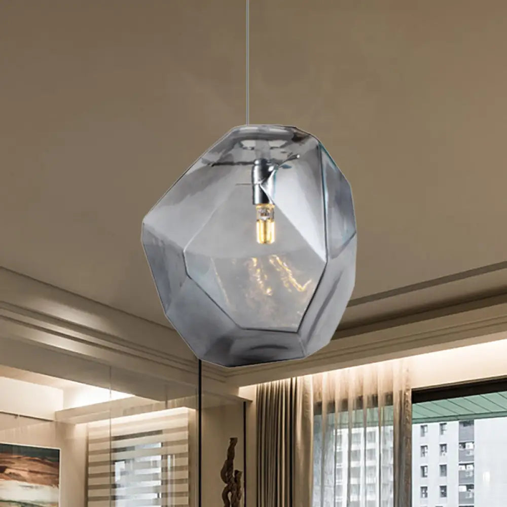 Contemporary Glass Pendant Light - Faceted Grey/Orange/Purple 1-Light Led Hanging Lamp For Dining
