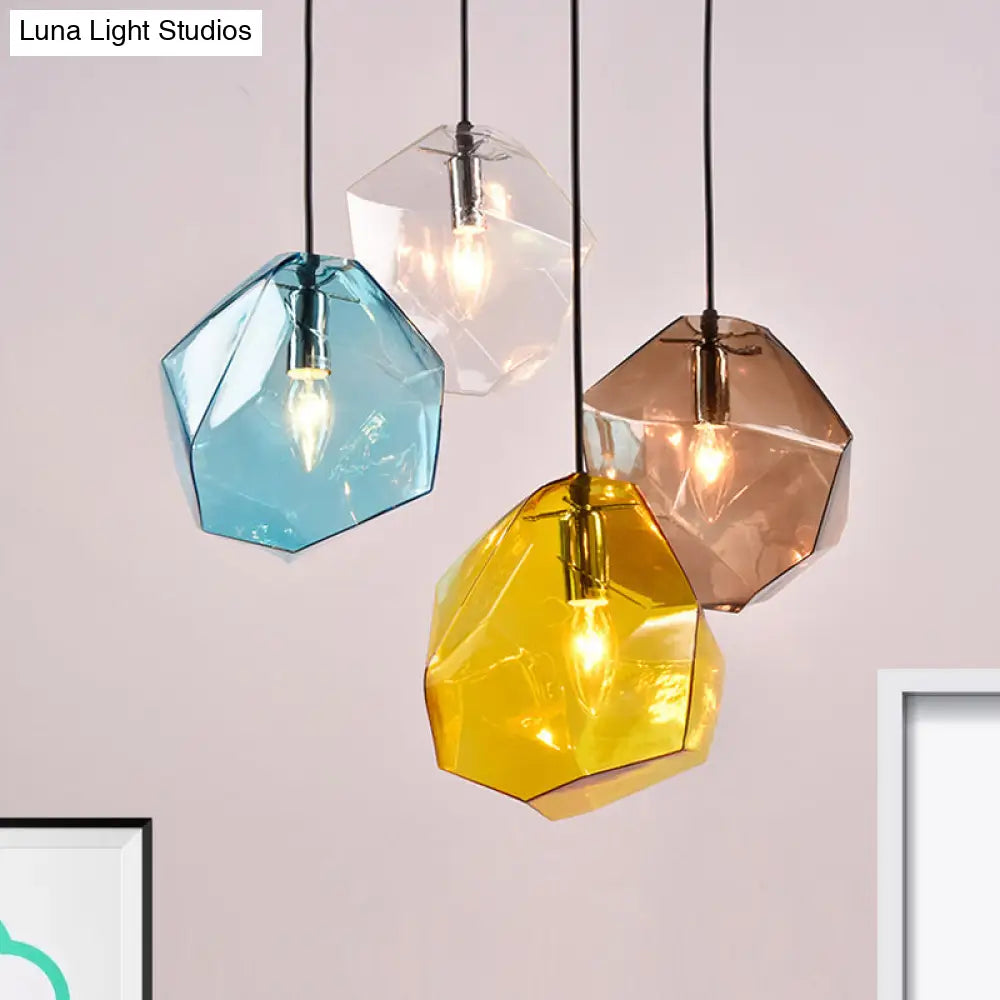 Contemporary Glass Pendant Light - Faceted Grey/Orange/Purple 1-Light Led Hanging Lamp For Dining