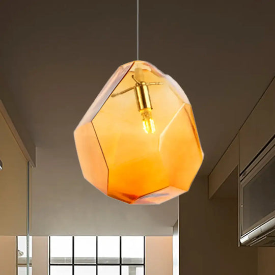 Contemporary Glass Pendant Light - Faceted Grey/Orange/Purple 1-Light Led Hanging Lamp For Dining