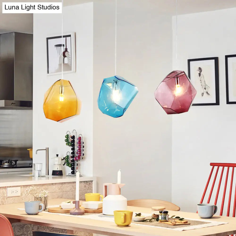 Contemporary 1-Light Glass Pendant Lighting: Faceted Grey/Orange/Purple Led Hanging Lamp Fixture For