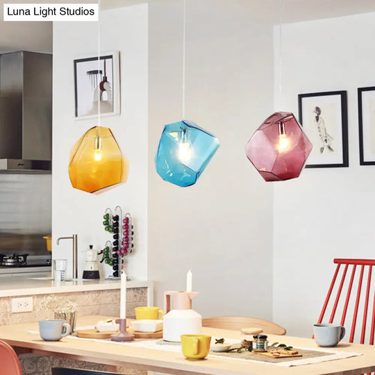 Contemporary 1-Light Glass Pendant Lighting: Faceted Grey/Orange/Purple Led Hanging Lamp Fixture For