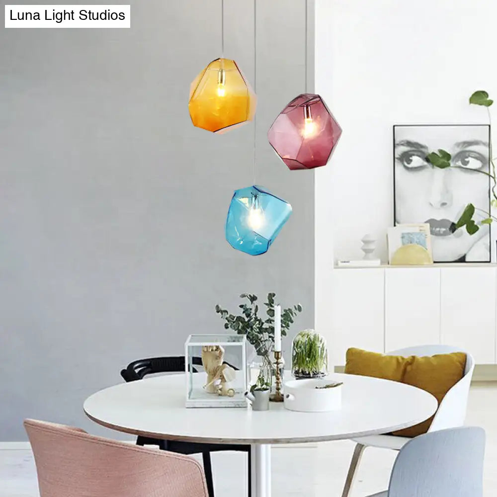 Contemporary 1-Light Glass Pendant Lighting: Faceted Grey/Orange/Purple Led Hanging Lamp Fixture For