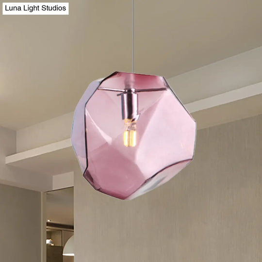 Contemporary 1-Light Glass Pendant Lighting: Faceted Grey/Orange/Purple Led Hanging Lamp Fixture For