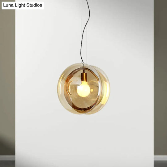 Contemporary Glass Pendant Lamp With Brass Ring - Perfect For Restaurants 1 Head Sphere Light Amber