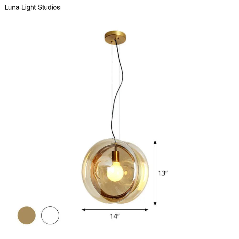 Contemporary Glass Pendant Lamp With Brass Ring - Perfect For Restaurants 1 Head Sphere Light