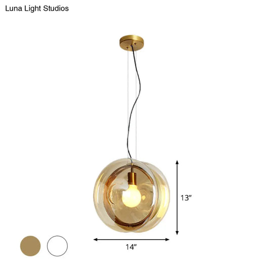 Contemporary Glass Pendant Lamp With Brass Ring - Perfect For Restaurants 1 Head Sphere Light