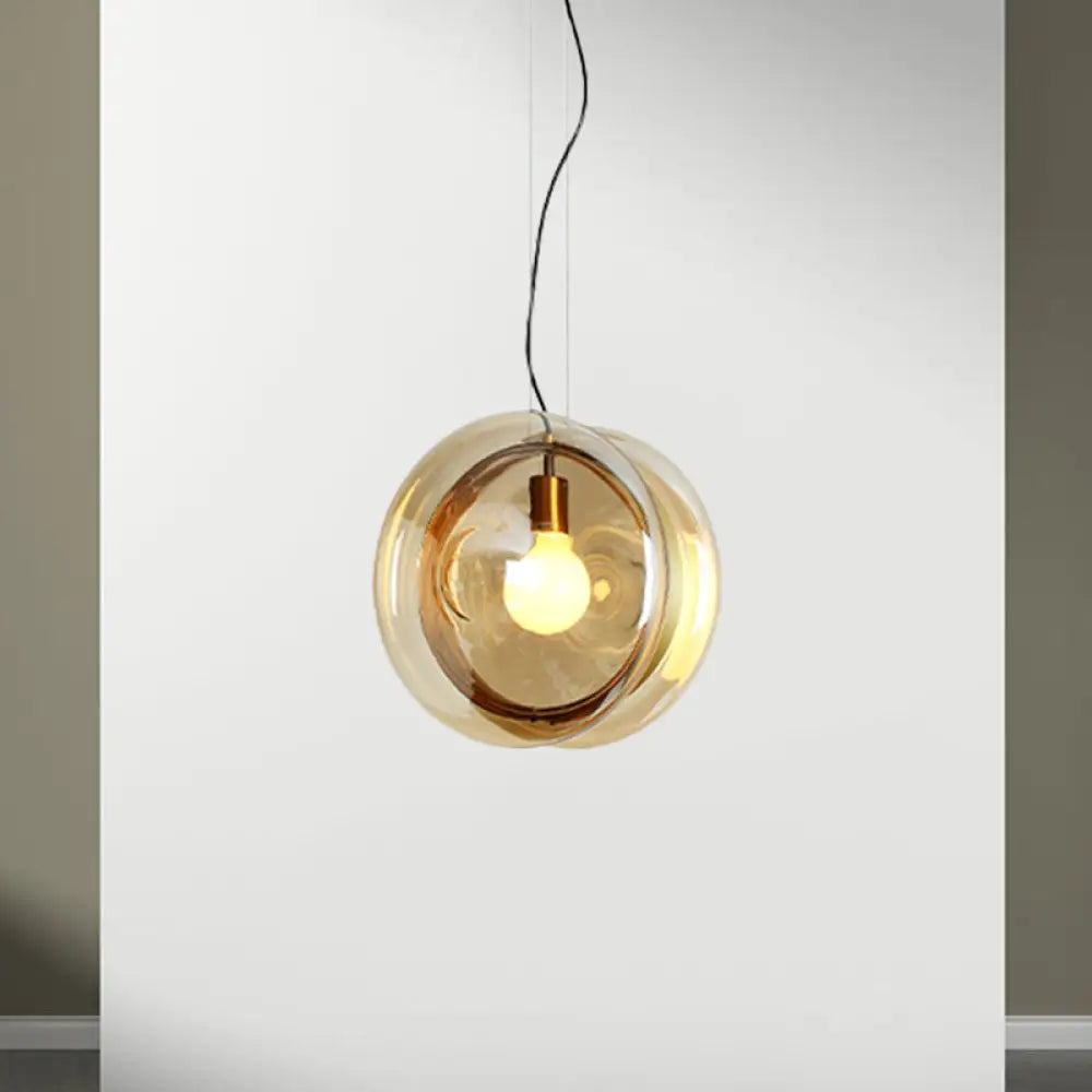 Contemporary Glass Pendant Light With Brass Ring - Perfect For Restaurants Amber