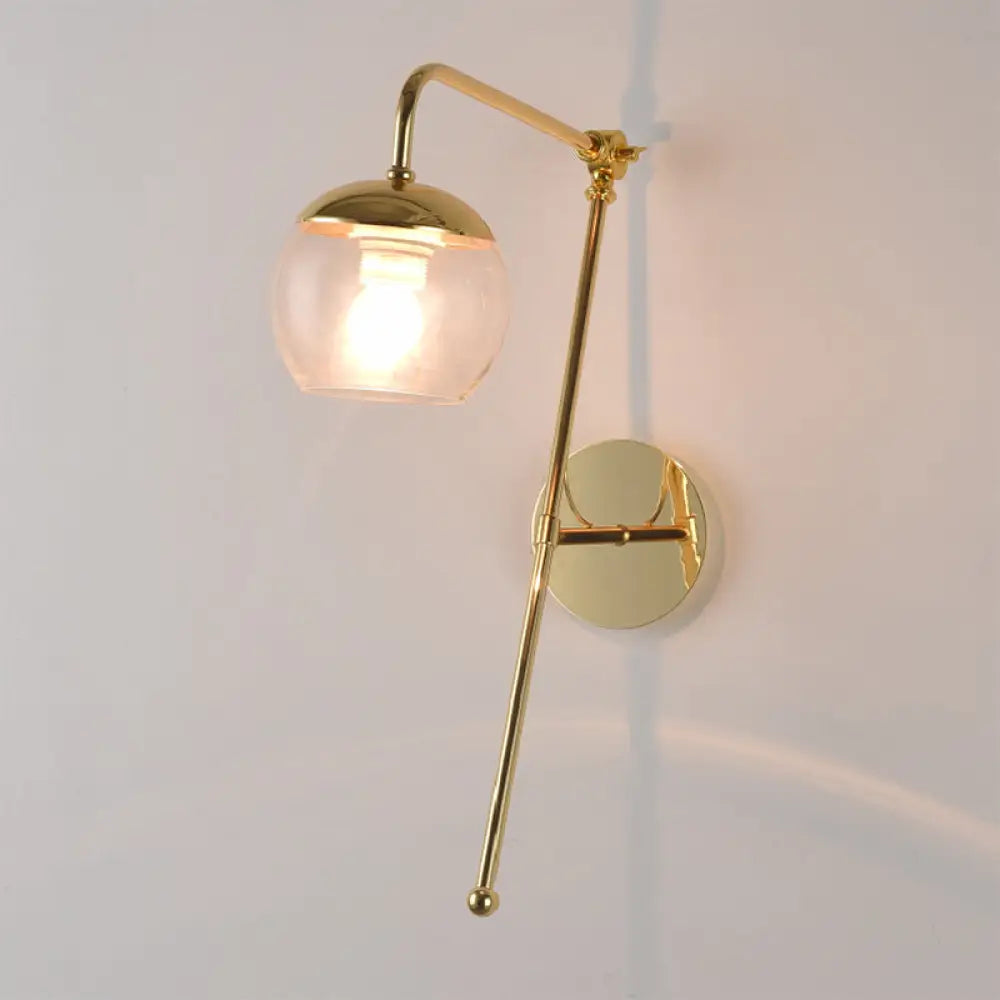 Contemporary Glass Wall Sconce With Brass Finish Arm - 1 Bulb Bedroom Light Clear