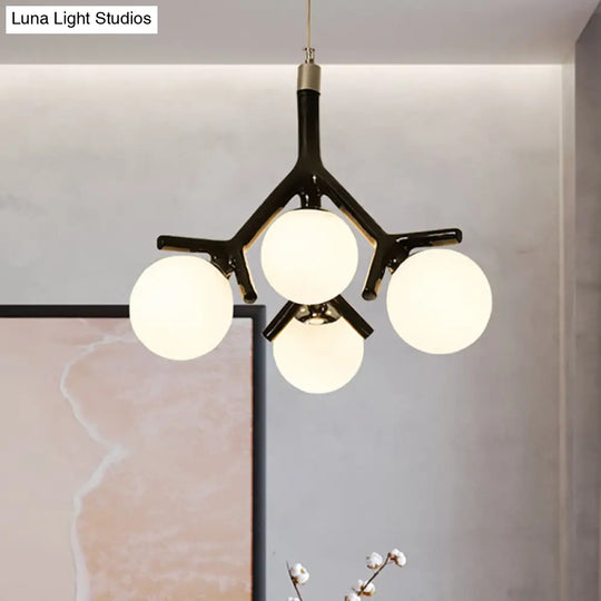 Contemporary Global Chandelier - White Glass With Branch Design 4 Lights Hanging Ceiling Fixture In