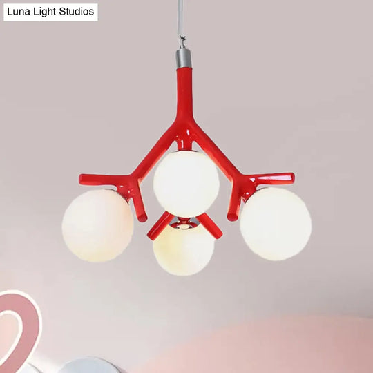 Contemporary Global Chandelier - White Glass With Branch Design 4 Lights Hanging Ceiling Fixture In