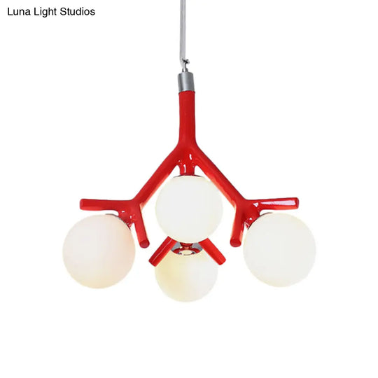 Contemporary Global Chandelier - White Glass With Branch Design 4 Lights Hanging Ceiling Fixture In