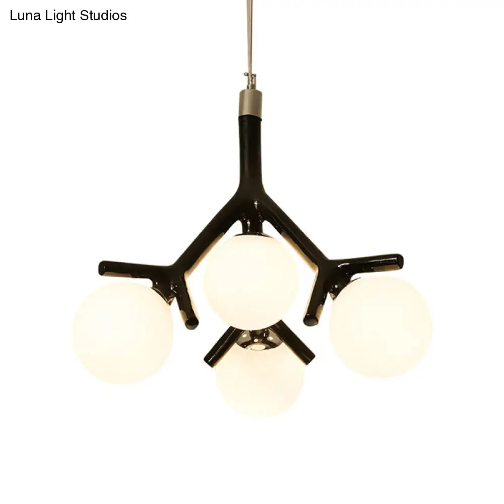 Contemporary Global Chandelier - White Glass With Branch Design 4 Lights Hanging Ceiling Fixture In