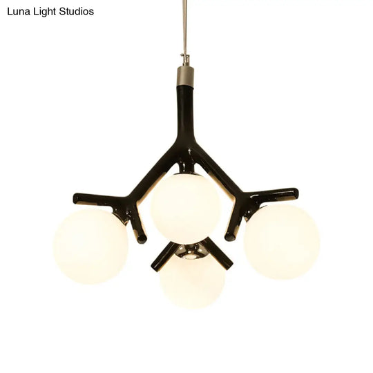 Contemporary Global Chandelier - White Glass With Branch Design 4 Lights Hanging Ceiling Fixture In