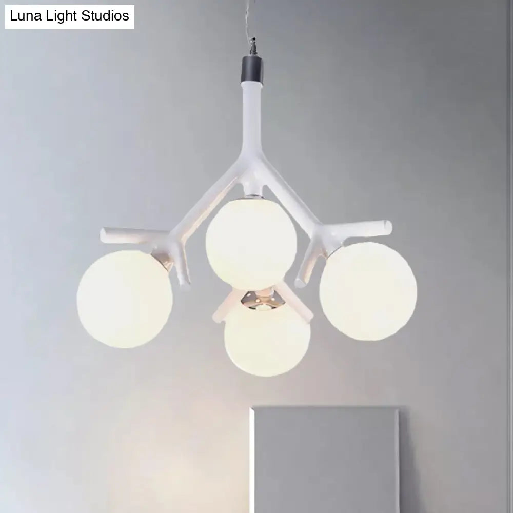 Contemporary Global 4-Light White Glass Chandelier With Branch Design - Hanging Ceiling Fixture In