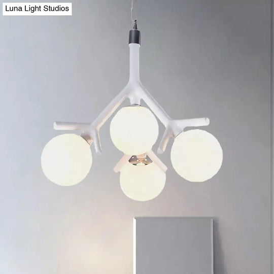 Contemporary Global 4-Light White Glass Chandelier With Branch Design - Hanging Ceiling Fixture In