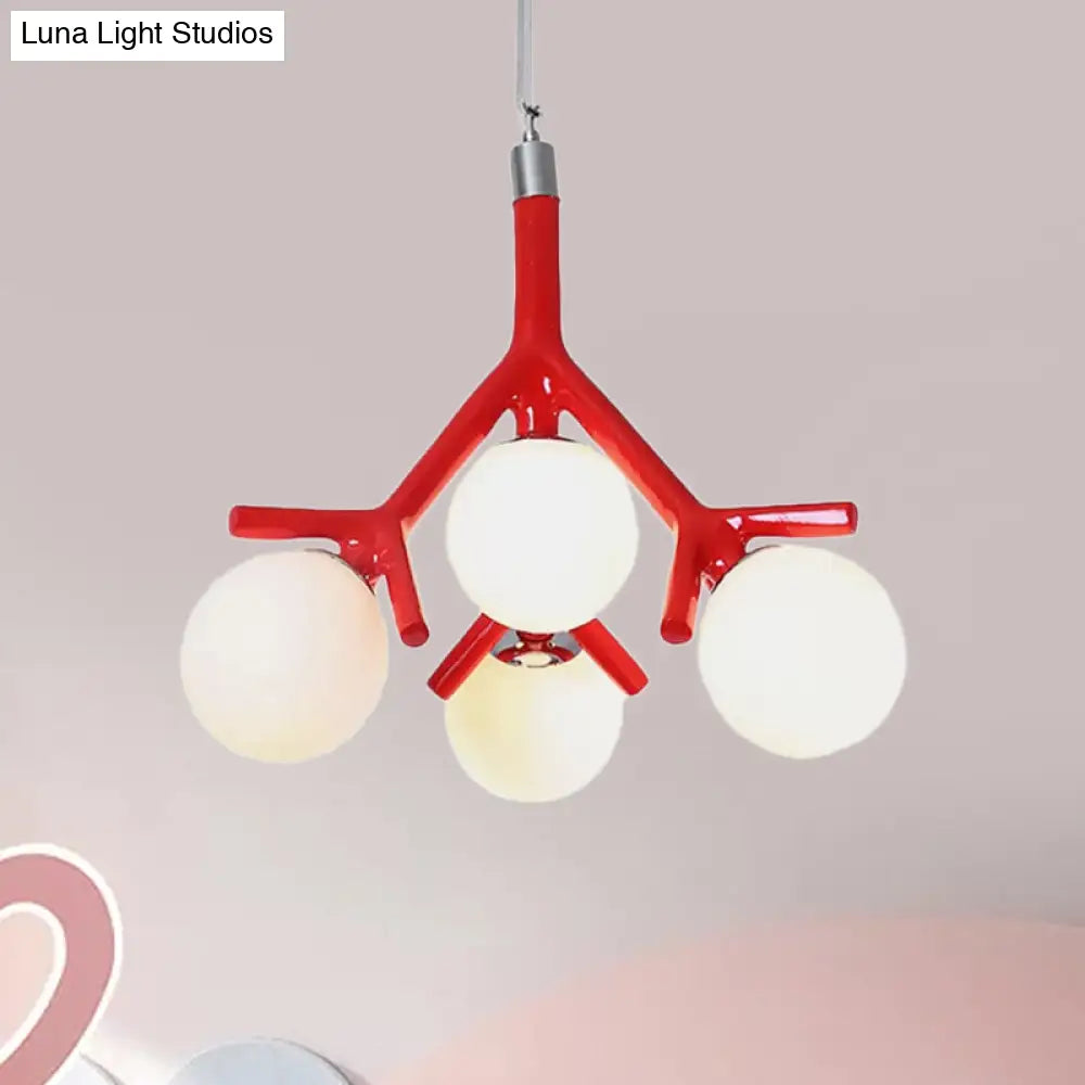 Contemporary Global 4-Light White Glass Chandelier With Branch Design - Hanging Ceiling Fixture In