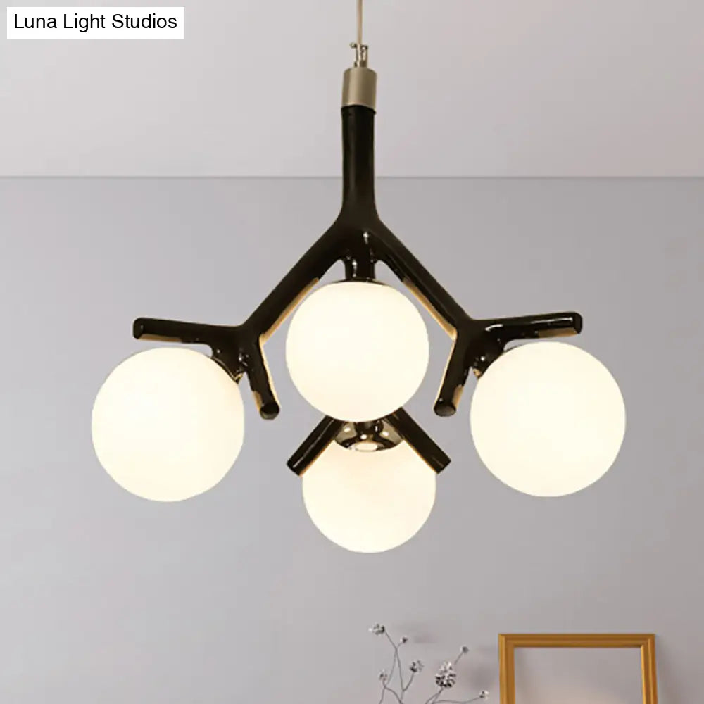 Contemporary Global Chandelier - White Glass With Branch Design 4 Lights Hanging Ceiling Fixture In