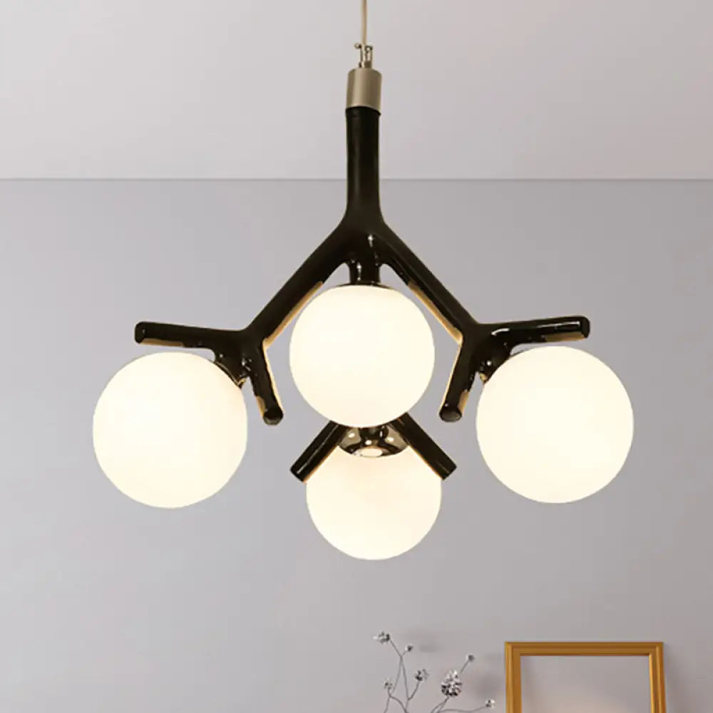 Contemporary Global 4-Light White Glass Chandelier With Branch Design - Hanging Ceiling Fixture In