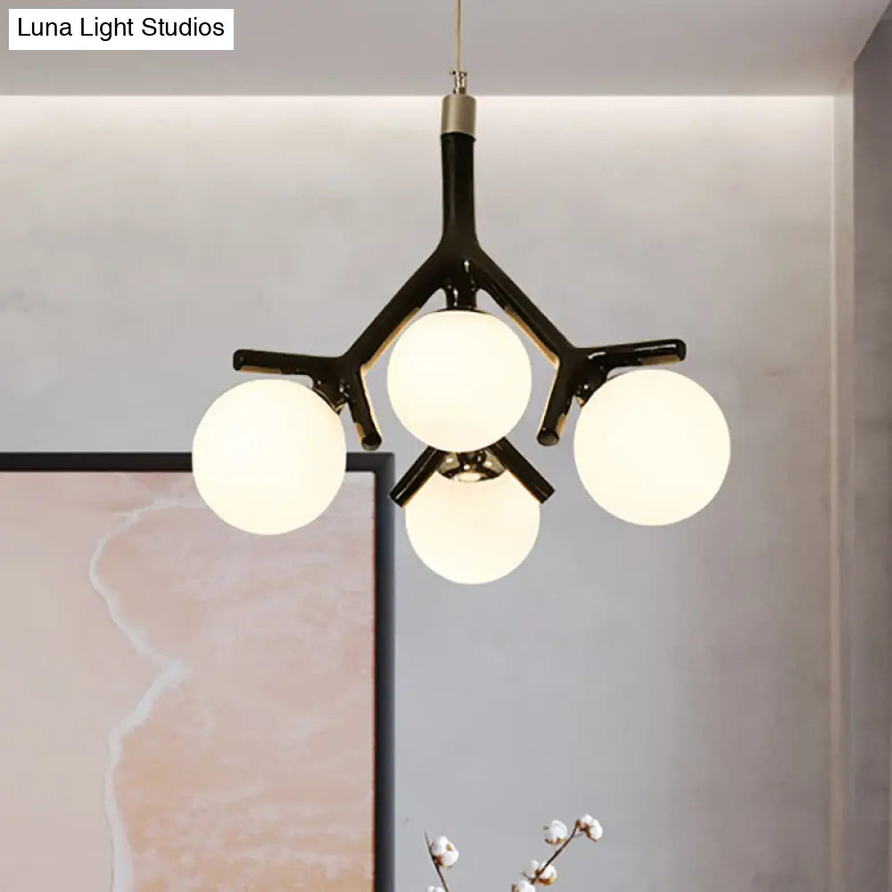 Contemporary Global 4-Light White Glass Chandelier With Branch Design - Hanging Ceiling Fixture In