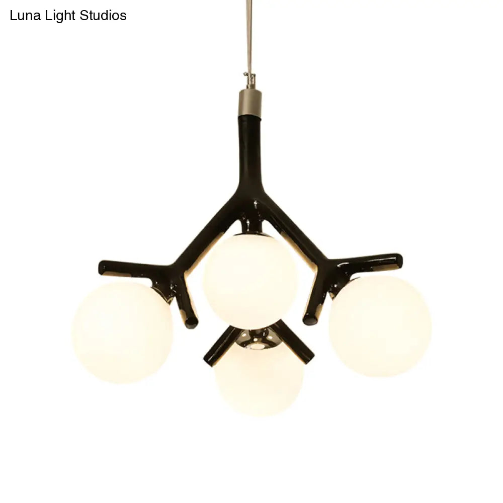 Contemporary Global 4-Light White Glass Chandelier With Branch Design - Hanging Ceiling Fixture In