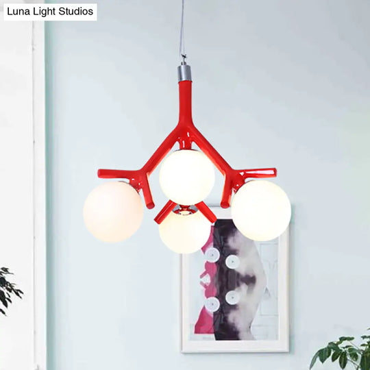 Contemporary Global Chandelier - White Glass With Branch Design 4 Lights Hanging Ceiling Fixture In