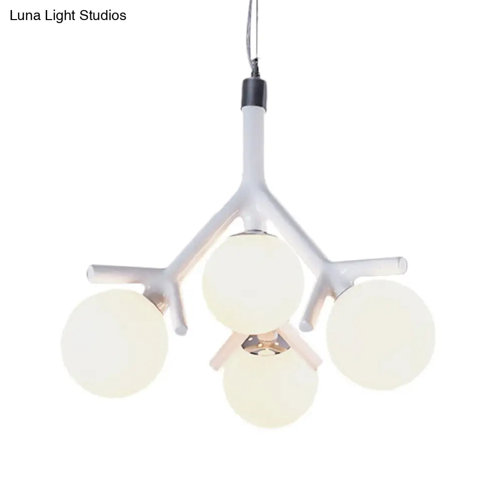 Contemporary Global Chandelier - White Glass With Branch Design 4 Lights Hanging Ceiling Fixture In