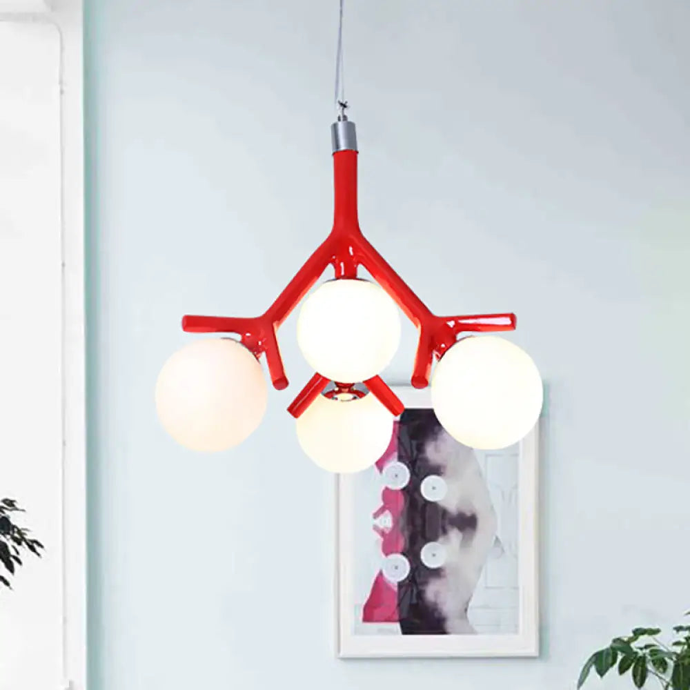 Contemporary Global 4-Light White Glass Chandelier With Branch Design - Hanging Ceiling Fixture In