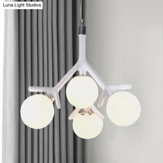 Contemporary Global Chandelier - White Glass With Branch Design 4 Lights Hanging Ceiling Fixture In