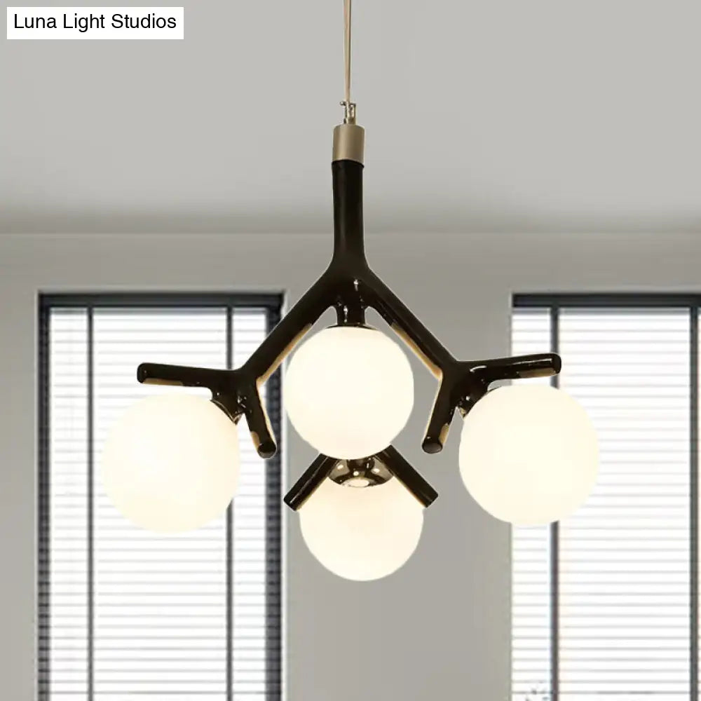 Contemporary Global Chandelier - White Glass With Branch Design 4 Lights Hanging Ceiling Fixture In