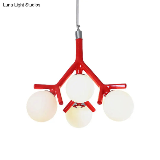 Contemporary Global 4-Light White Glass Chandelier With Branch Design - Hanging Ceiling Fixture In