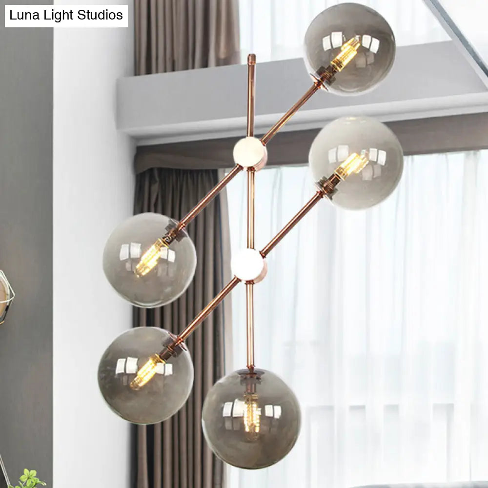 Contemporary Global Glass Chandelier - Modernist Amber/Smoke Gray 5-Bulb Led Hanging Lamp For Living