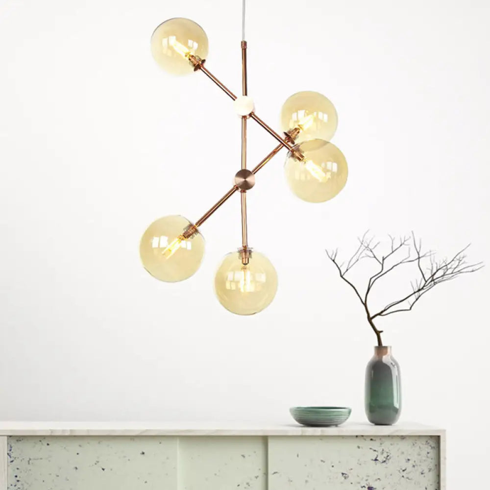 Contemporary Global Glass Chandelier - Modernist Amber/Smoke Gray 5-Bulb Led Hanging Lamp For Living