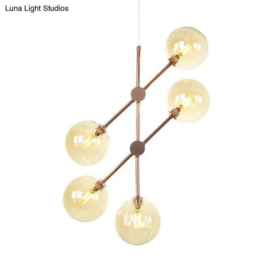 Contemporary Global Glass Chandelier - Modernist Amber/Smoke Gray 5-Bulb Led Hanging Lamp For Living