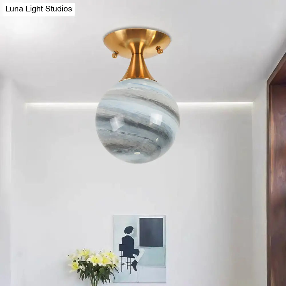 Contemporary Globe Blue Glass Flush Mount Light Fixture - 1 Gold Lamp