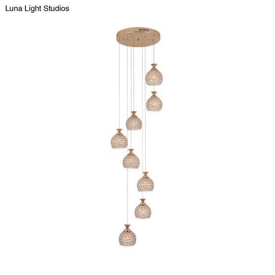 Contemporary Gold Crystal Dome Pendant Light With Spiral Design - 8-Light Multi Lamp