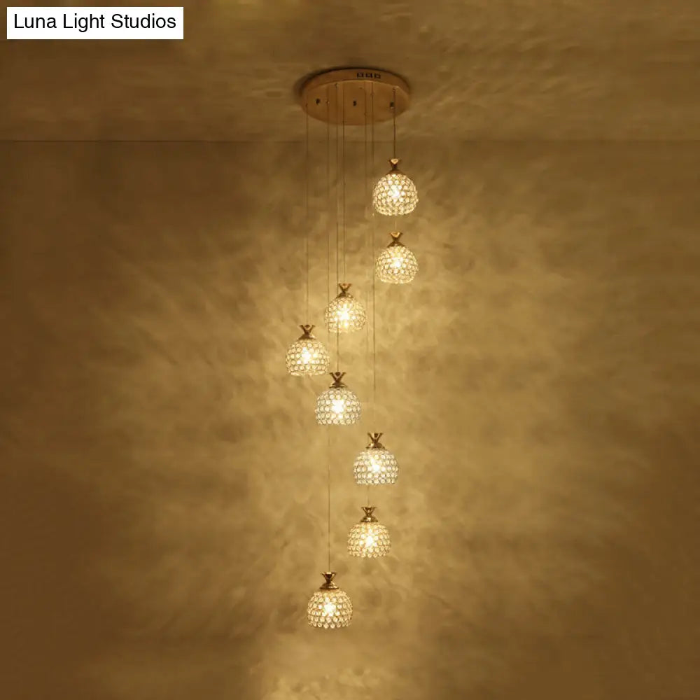 Contemporary Gold Crystal Dome Pendant Light With Spiral Design - 8-Light Multi Lamp