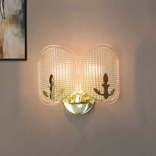 Contemporary Gold Arc Wall Sconce With Dual Clear Glass Latticed Heads