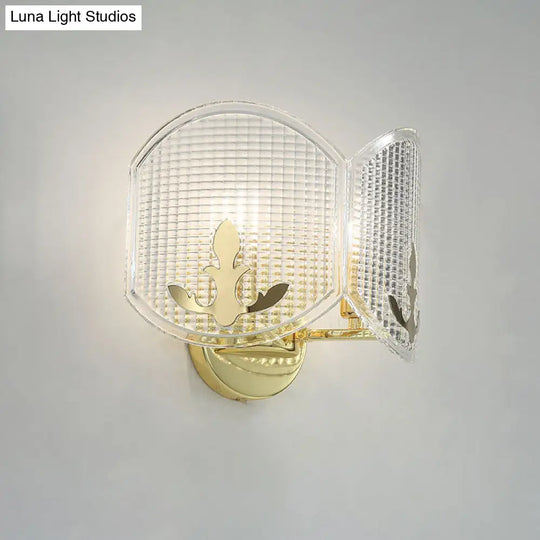 Contemporary Gold Arc Wall Sconce With Dual Clear Glass Latticed Heads