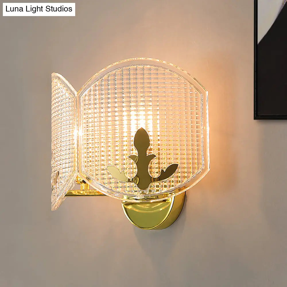 Contemporary Gold Arc Wall Sconce With Dual Clear Glass Latticed Heads