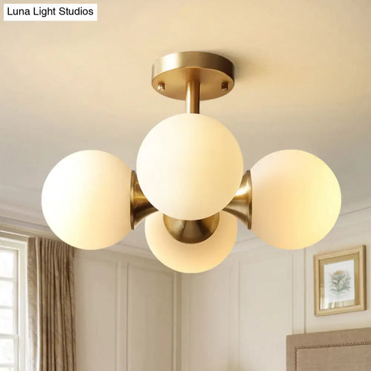 Contemporary 4-Head Gold Semi Flush Ceiling Lamp With Milky Glass