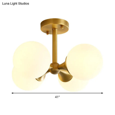 Contemporary Gold Ball Semi Flush Ceiling Light With 4 Milky Glass Heads
