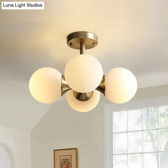 Contemporary 4-Head Gold Semi Flush Ceiling Lamp With Milky Glass