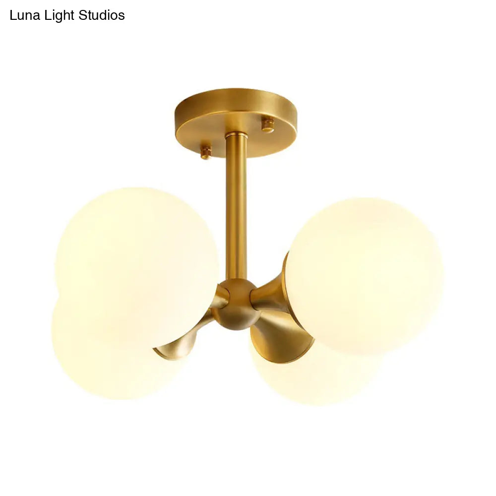 Contemporary Gold Ball Semi Flush Ceiling Light With 4 Milky Glass Heads