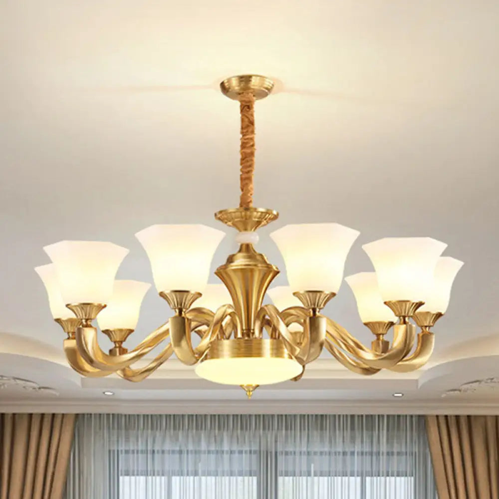 Contemporary Gold Bell Chandelier Pendant With Milky Glass Shade 10 / White