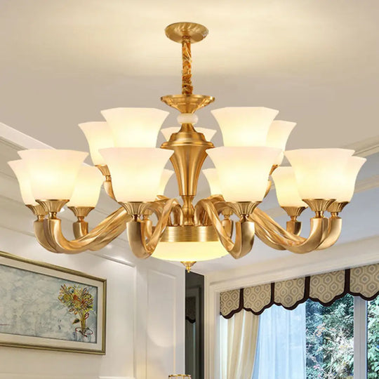 Contemporary Gold Bell Chandelier Pendant With Milky Glass Shade 15 / White