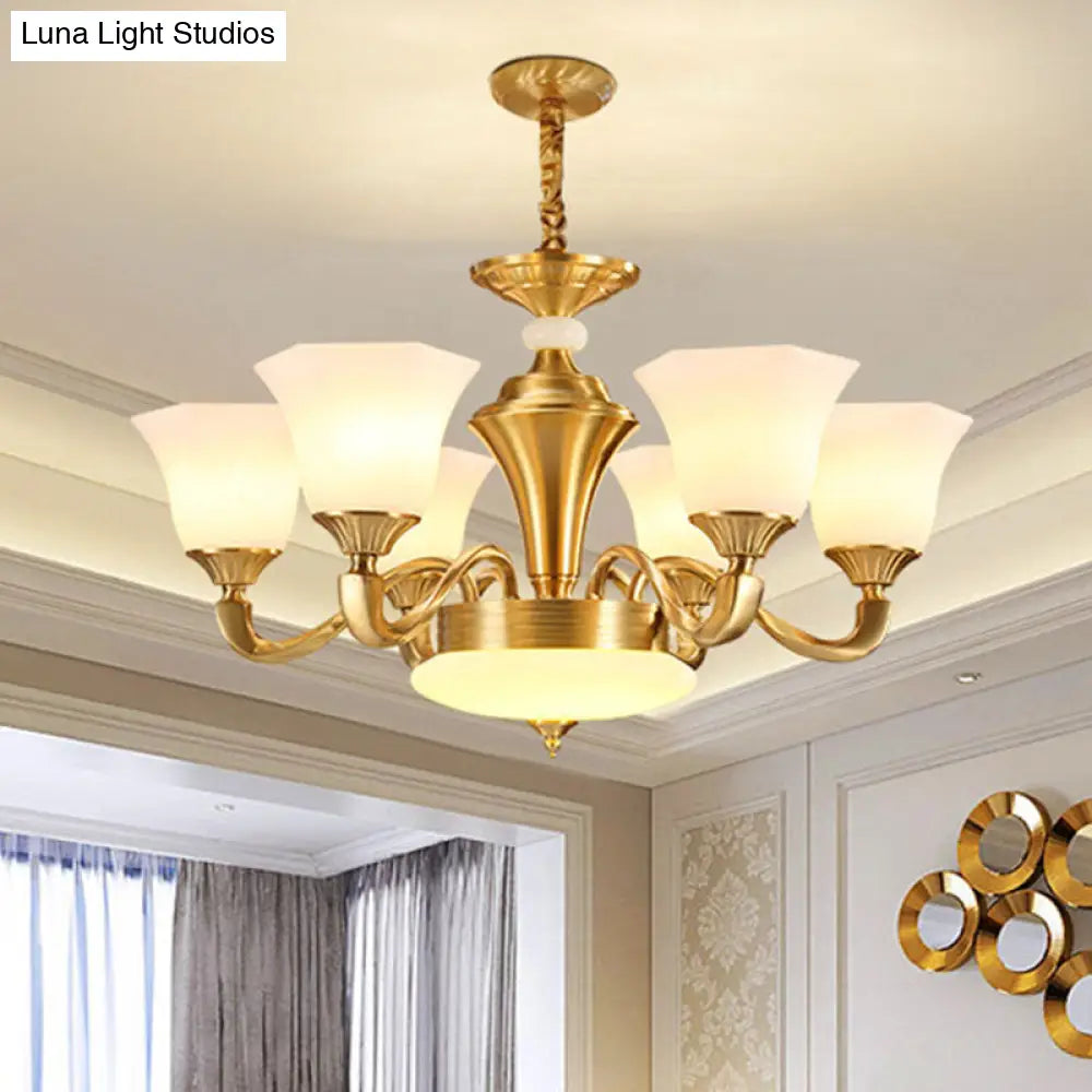 Gold Paneled Pendant Chandelier With Milky Glass Shade - Modern Lighting 6 / White