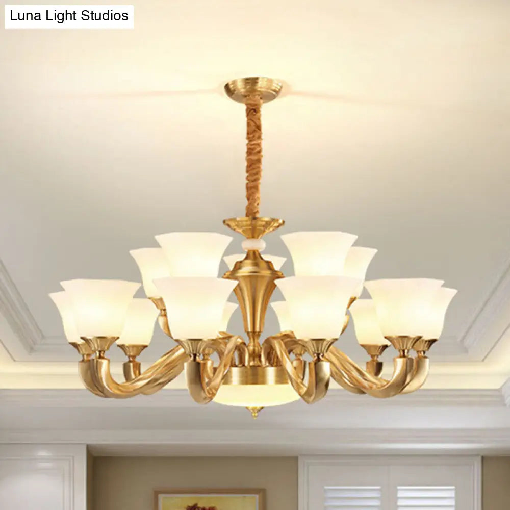 Gold Paneled Pendant Chandelier With Milky Glass Shade - Modern Lighting