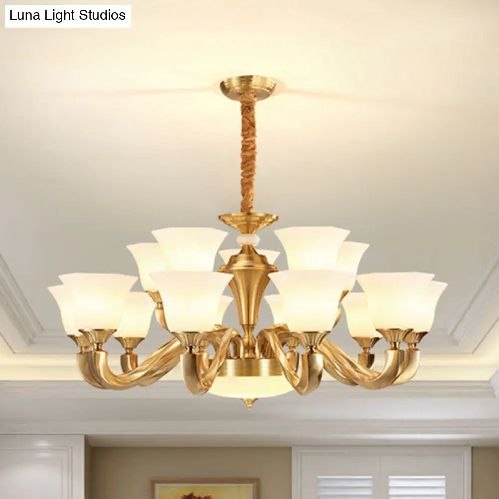 Contemporary Gold Bell Chandelier Pendant With Milky Glass Shade